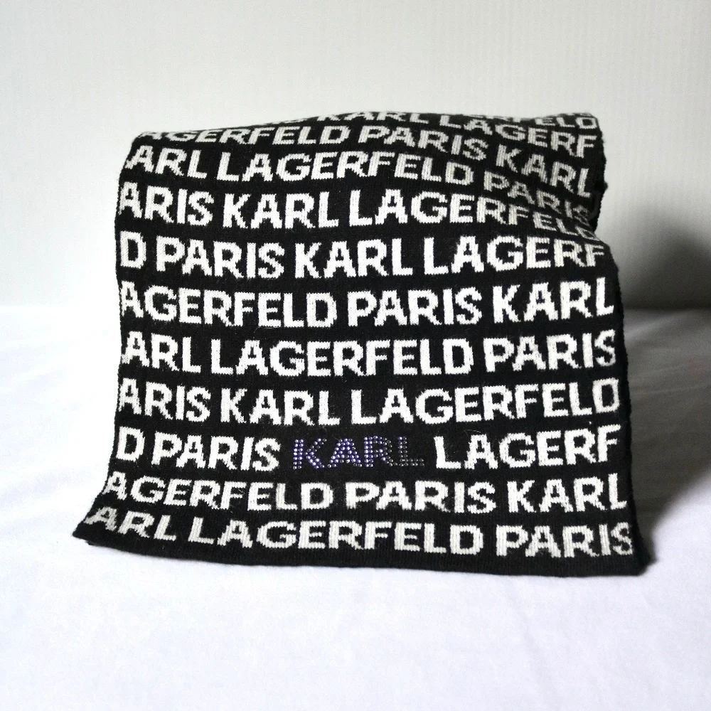 Karl Lagerfeld Paris Logo Wrap Scarf Black White Rhinestones Unisex Winter - Picture 1 of 4